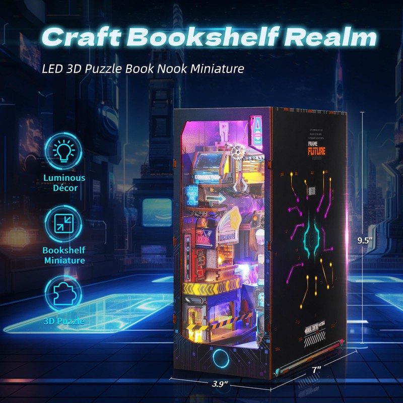 FUNPOLA 3D Wood Puzzle Book Nook Kit, Futuristic Miniature Bookshelf