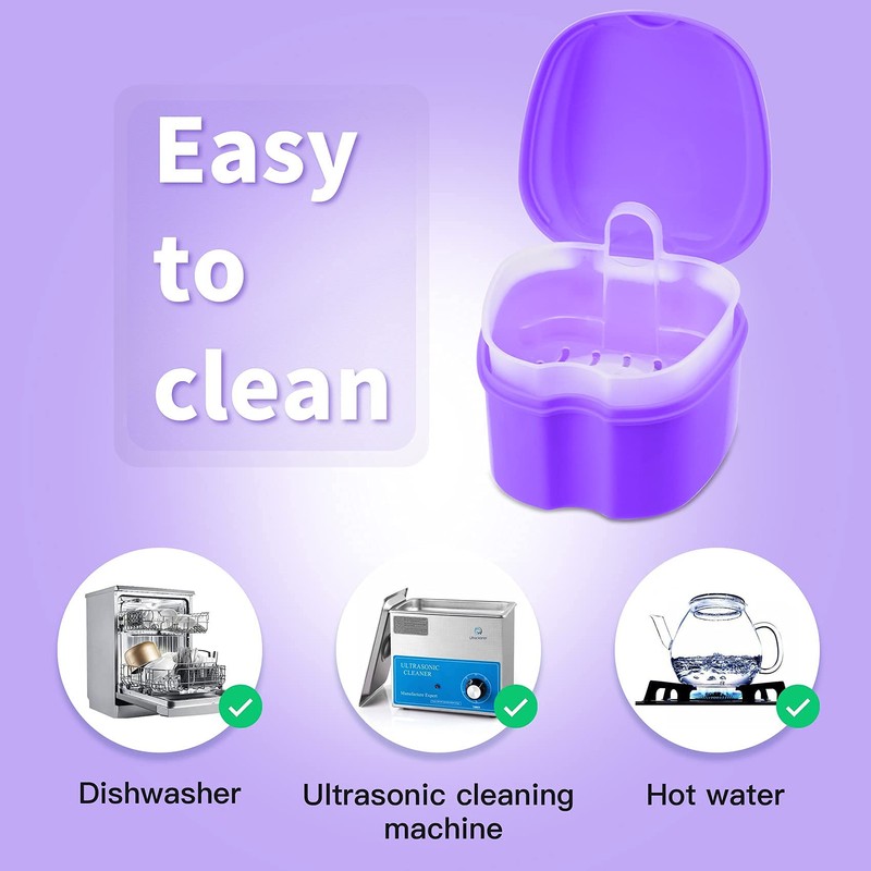 Denture Soaking Cup Dental Retainer Case Cleaning with Strainer Basket,