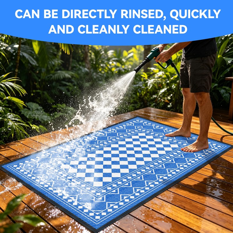 4'x6' Reversible Waterproof Outdoor Rug Blue Geometric Patio Mat