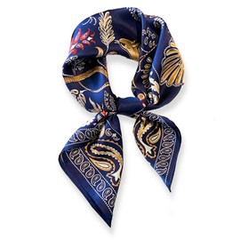 PoeticEHome 100% Pure Mulberry Silk Square Scarf 27"x27" Women Neckerchief Headscarf Gift Packed, Y2 - Dark Blue Twin Birds, 27"x27"(68x68cm)