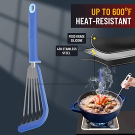 Maywe Tanso Fish Spatula,600℉ Heat Resistant Silicone Fish Spatula with Basting Brush,for Nonstick Cookware,Flexible Slotted Fishs Turner Spatulas,BPA Free,Dishwasher Safe(Blue)