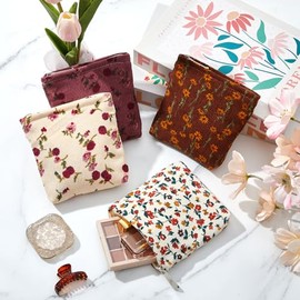 Abbylike 4 Piezas Bolsas de Maquillaje Florales de Pana Bolsa Cosmética con Cremallera Pequeñas Bolsas Portátiles para Cartera Artículos de Tocador Mi