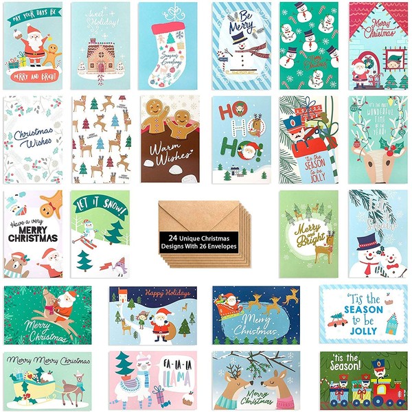 24 Cute Christmas Cards Assorted - Joyful Christmas Greeting Cards in 24 Unique Designs- Merry Christmas Greetings- Family Christmas Cards- Bulk Assorted Christmas Cards with Envelopes, 4 x 6 Inches