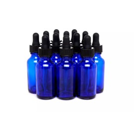 Focus Nutrition Cobalt Blue Boston Round Glass bottles Black Dropper Cap 1 oz / 30 ml 24 Pack