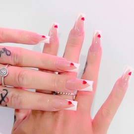 Vaalentine's Press on Nails Medium Coffin Fake Nails with V Shap White French Tip Red Heart Designs Pink Full Cover Glue on Nails Press ons Glossy Valentines False Nails for Women Girls 24 Pcs