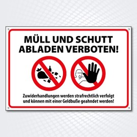 High-Quality Sign Made of Aluminium Dibond with UV Protective Coating "MÜLL UND SCHUTT ABLADEN VERBOTEN" 200 x 300 mm Rectangular | Waste Discharge Prohibited | Weatherproof Aluminium Dibond