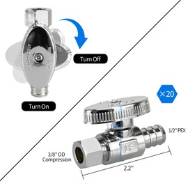 20 Pack Stop Valves, 1/4 Turn Straight Stop Valves, 3/8" OD Compression × 1/2" PEX Chrome Plated Brass for Faucet, Toilet Valves (20×Straight)