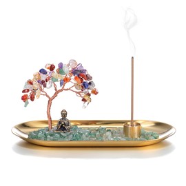 Jovivi Soporte de incienso de cristal para varillas, cuarzo rosa, piedra de cristal curativo, árbol del dinero, estatua de Buda, quemador de incienso, bandejas de incienso para riqueza, buena suerte, yoga, meditación y decoración del hogar