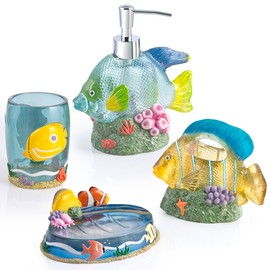 Allure Home Creation Under The Sea Fish 4-Piece Lotion Dispenser/Toothbrush Holder/Soap Dish/Tumbler Set
