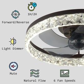 Zenouidle 19.7" Semi Flush Mount Ceiling Fans Dimmable Fandeliers Low Profile Ceiling Fans with Lights and Remote Modern Indoor Ceiling Fan Smart 3 Light Color Change and 6 Speeds,Coffee Color