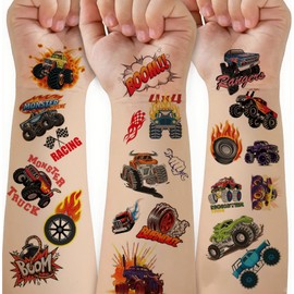 CharmeFleur 60 PCS Truck Temporary Tattoos for Kids Groovy Metallic Styles Tattoos for Truck Wheels Birthday Party Supplies Racing Car Checkered Flag Trophy Fake Tattoo
