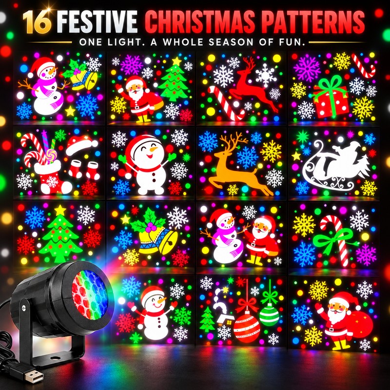 Christmas Projector Light for Walls & Ceilings, 16-Pattern USB Rotating
