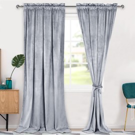 Hiasan Velvet Curtains 120 inches-Blackout Thermal Insulated Solid Soft Curtains for Bedroom Living Room Rod Pocket Room Darkening 2 Panels Window Drapes with Tiebacks, 52W x 120L, Silver Grey