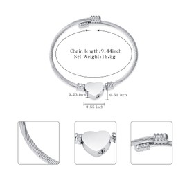 constantlife Cremation Jewelry Memorial Urn Bracelet for Ashes - Stainless Steel Cable Cuff Adjustable Love Heart Pendant Bangle Keepsake (Silver)