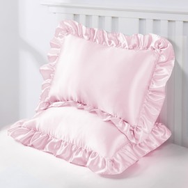 Entisn Ruffle Satin Toddler Pillowcase Set of 2, 13 x 18 Inch Toddler Silky Pillow Covers with Envelope Closure, Anti Wrinkle Soft Travel Pillow Case Nursery Pillow Sham for Girls, Boys (Baby Pink)