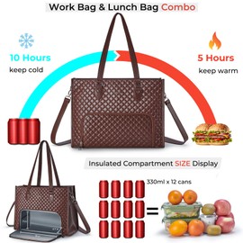 Ralnitote Laptop Bag with Insulated Lunch Compartment for Women, PU Leather 15.6 Inch Work Bag, Elegant Computer Handbag, Versatile Business Tote for Office,Travel or Casual-Chocolate Brown