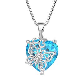 FJ Love Heart Aquamarine Necklace 925 Sterling Silver Butterfly Necklace March Birthstone Pendant Jewelry Gifts for Women