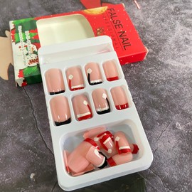 Christmas Press on Nails Square Short Fake Nails French Tip False Nails With Santa Hat Designs Full Cover Stick on Nails Acrylic Winter Xmas Artificial Nails for Women Girls New Year Manicure 24Pcs