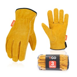 Vgo... 3-Pairs Unlined Cowhide Split Leather Work and Driver Gloves, for Heavy Duty, Truck Driving, Warehouse, Gardening, Farm (Size L, Gold, CB9501)