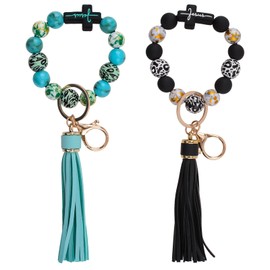 WANDIC 2 Pcs Cross Bead Keychains, Frosted Braided Rope Elastic Christian Bracelet Jesus Wristband Keychains for Easter Decoration