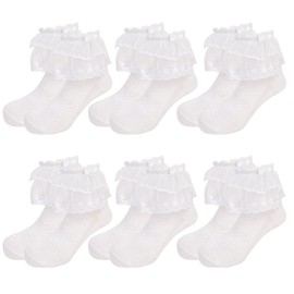 QKURT 6 Pairs Girls Frilly Ankle Socks - White Lace Ballet Sock for Kids, Perfect for Girls & Children School and Partywear, Ages 6 Months-10 Years