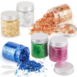 6Flashe Imitation Gold Flakes, Metal Leaf Gold Leaf Flakes, Gold Leaf and Silver Leaf for Gilding Crafts, Resin Art, Crafts, Nail Art, with Tweezers (Gold, Silver, Blue, Green, Rose Red)