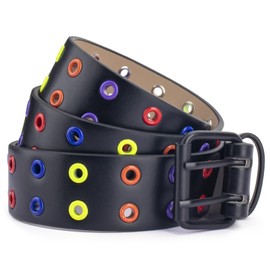 MINGSUN Double Grommet Belt PU Leather Belt - Studded Belt Women Men Punk Waist Belt Black Hole Belt Goth Belt, Rainbow, XL-XXL