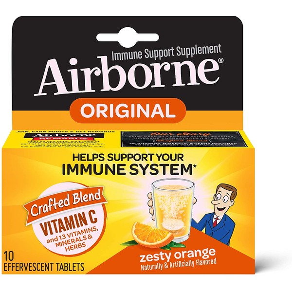 Vitamin C 1000mg - Airborne Zesty Orange Effervescent Tablets (10 count in a box), Gluten-Free Immune Support Supplement and High in Antioxidants, Packaging May Vary