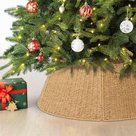 Rattan Christmas Tree Collars for Artificial Trees, 27 Inch Farmhouse Pencil Tree Collar, Small Basket Base Cover for Slim Trees, Boho Woven Wicker Christmas Tree Skirt, Rustic Tree Ring Collar Box