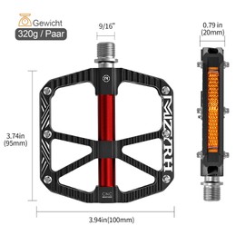 MZYRH MTB Mountain Bike Pedals with Reflectors, Platform Flat Bicycle Pedals Aluminium Alloy Non-Slip 9/16 Inch Bicycle Pedals with 3 Bearings for Mountain Bike, Road Bike, MTB (Black)