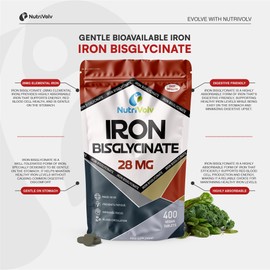 Iron Bisglycinate 28mg | 400 Tablets (6+ Months Supply) | Gentle High Absorption Iron Supplements for Women & Men | Immune System Booster | Ferrous Bisglycinate Form | Non-GMO | Vegan | by NutriVolv