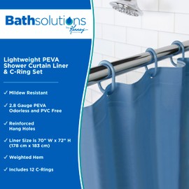 Kenney KN61752 Lightweight 3 Gauge Waterproof PEVA Shower Curtain Liner with Durable Eyelet Hang Holes, Weighted Magnetic Hem, and 12 Piece Plastic C-Ring Set for Bathroom, 70" W x 72" H, Blue