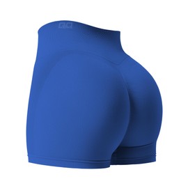 QOQ - Pantalones cortos de entrenamiento para mujer, pantalones cortos de cintura alta de 3.6 pulgadas, sin costuras, pantalones cortos para gimnasio, yoga, motociclista, Azul, Small
