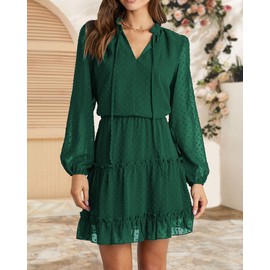 BTFBM Women Casual Summer Spring Dresses 2025 Tie Neck Long Sleeve High Waist Tiered Ruffle Aline Swing Tunic Mini Dress(Dot Dark Green, Medium)