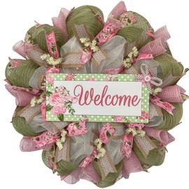 Spring Wreath, Luxury Handmade - Mint and Pink Floral Welcome” Front Door Decor, 24 or 28 Inch