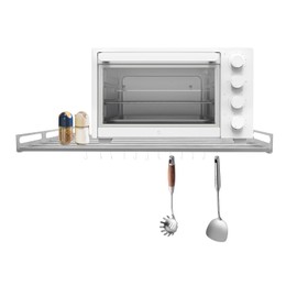 JAYGOVAN Wall Mount Microwave Oven Shelf Rack for Kitchen Home, Stainless Steel Storage Bracket with 12 Slidable Hooks 23.6'' Lenght Storage Organizer for Oven,Toaster,Utensils,Spice,Mits