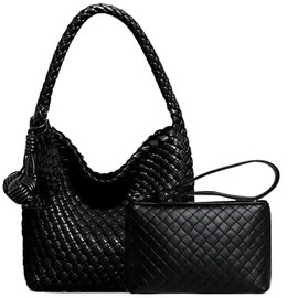 DSGUTWO Woven Top Handle Handbag for Women, Small Hobo Bag with Mini Purse, Travel Beach Tote, Designer Handmade Shoulder Bucket Bag (Black), Black