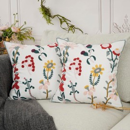 YOUR SMILE Pack of 2 Embroidered Decorative Throw Pillow Cover 18x18 Inch Farmhouse Floral Floor Pillowcase for Couch Living Room Sofa Bed,Gecko/Flower