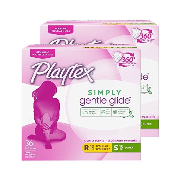 Playtex Simply Gentle Glide Multipack Fresh Scent Tampons with Regular and Super Absorbencies, 36 Count (Pack of 2) (Packaging May Vary)