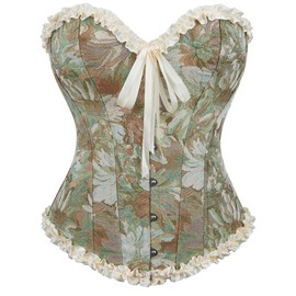 Alivila.Y Fashion Womens Vintage Renaissance Overbust Corset Lace Up Floral Jacquard Frill Trim Boned Bustier X523-Green-XL