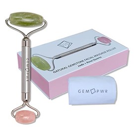 Rose Quartz + Jade Roller for Face and Neck Massage, Dual Gemstones with Durable Steel Handle and Travel Bag. Minimize Wrinkles, Reduce Puffiness and 