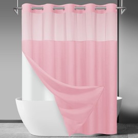 SORTTO No Hook Slub Textured Shower Curtain with Snap in Liner - Pink Fabric Outer Curtain & Waterproof Inner Liner, Hotel Style with See Through Top Window, 71x74 in