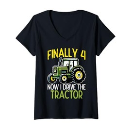 Womens Finally 4 Now I Drive Tractor 4th Birthday Farm Boys Kids V-Neck T-Shirt