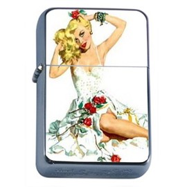 Pin Up Blonde with Red Roses Double-Sided Windproof Refillable Flip Top Oil Lighter with Tin Gift Box D-229