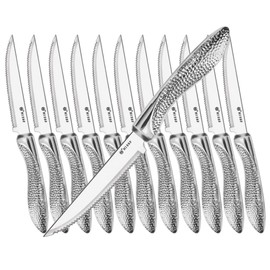 HISSF Juego de 12 cuchillos dentados para carne de acero inoxidable, con hoja afilada, mango hueco con patrón martillado, 4.5 pulgadas, para vajilla de cocina, restaurante, apto para lavaplatos