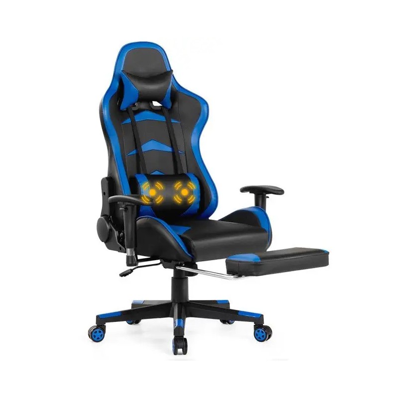 Gaming Chair Blue PU Leather 4D Armrest Manual Recliner Swivel