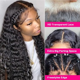 Nervoss Lace Front Wigs Human Hair Water Wave 13x4 Lace Frontal Wigs for Women Wet and Wavy Lace Front Wigs Deep Wave Human Hair Wigs Pre Plucked Natural Black Color 180 Density 28 Inch