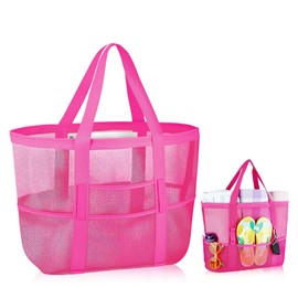 CIYIN Mesh Beach Bag, Large Beach Bag, XXL Family, Shopper Women's Large Swimming Bag with Waterproof Bag, Lightweight Beach Bag for Swimming Pool, Holiday & Beach (43 x 21 x 39 cm), pink