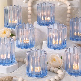HAVITI Glass Blue Votive Candle Holder, Ribbed Votive Candle Holders Set of 12, Tealight Candle Holder for Wedding Centerpieces Dinner Party Table Decor