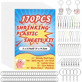 QUOTRE Shrink Films, Shrink Plastic Set for DIY Crafts, Includes 15 Pieces Shrink Paper, 20 x 14.5 cm, 170 Pieces Key Ring and Open Jump Ring Set for Children, DIY Creative Craft